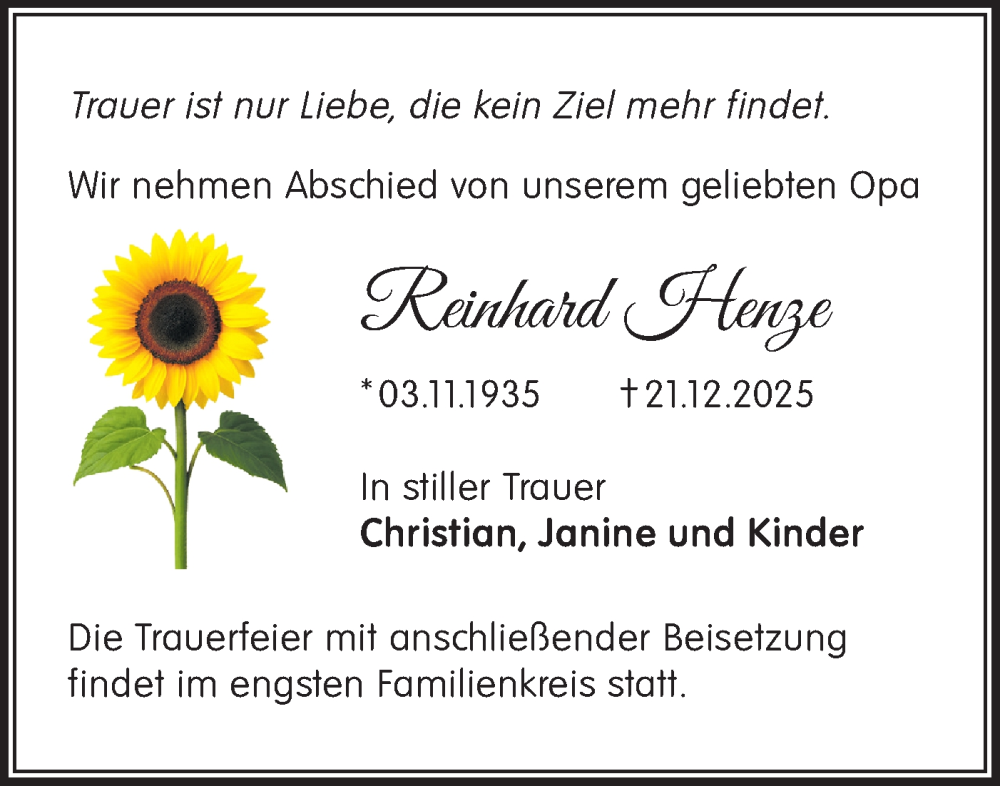  Traueranzeige für Reinhard Henze vom 03.01.2026 aus Märkische Oderzeitung