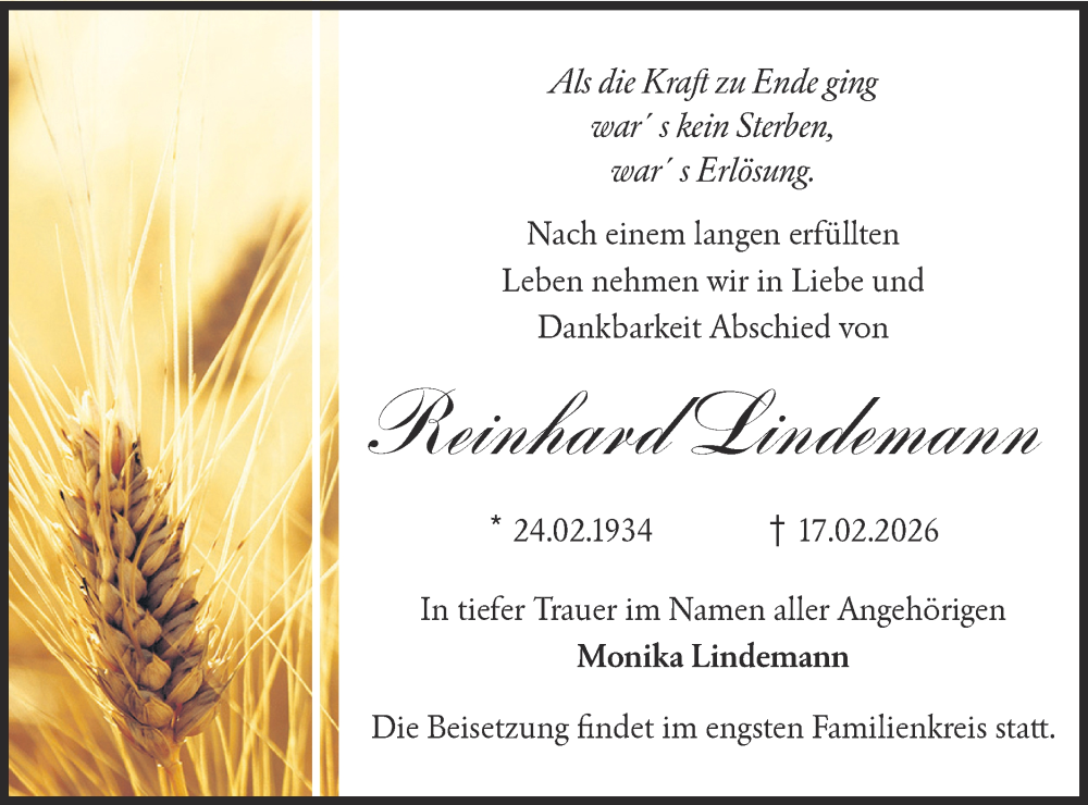  Traueranzeige für Reinhard Lindemann vom 31.01.2026 aus Märkische Oderzeitung