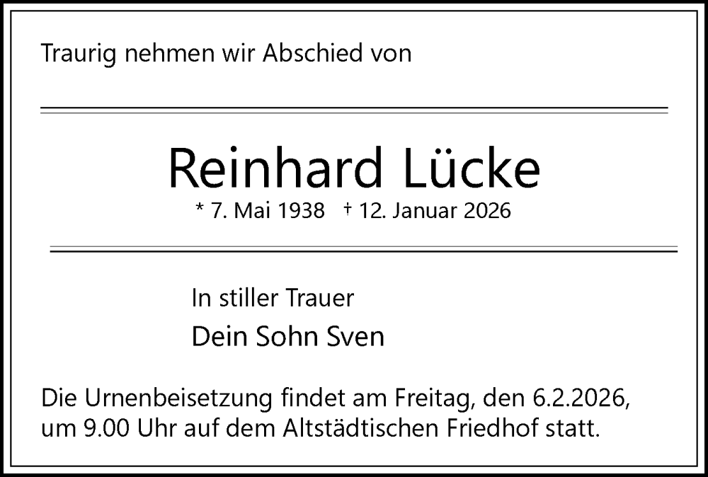  Traueranzeige für Reinhard Lücke vom 24.01.2026 aus Märkische Oderzeitung
