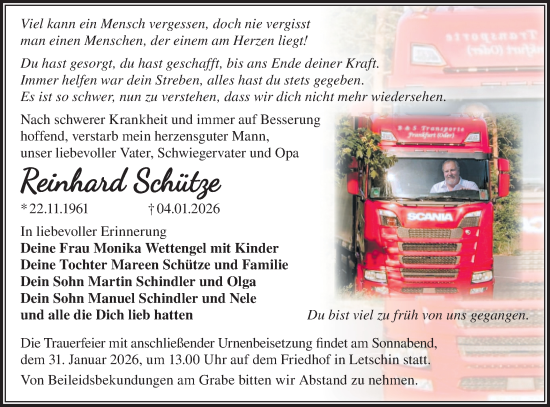 Traueranzeige von Reinhard Schütze von MO Oderld.-Echo