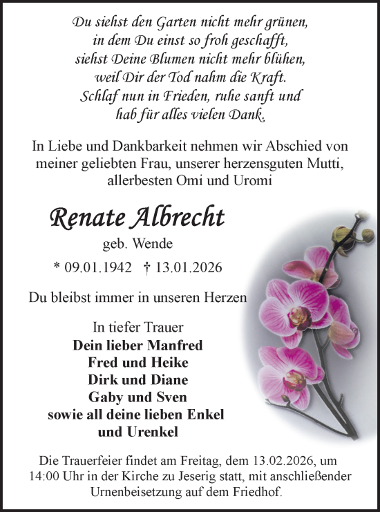 Traueranzeige von Renate Albrecht von Märkische Oderzeitung
