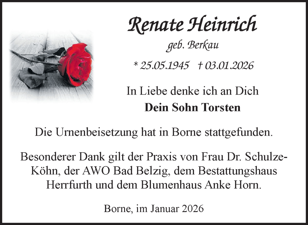  Traueranzeige für Renate Heinrich vom 31.01.2026 aus Märkische Oderzeitung