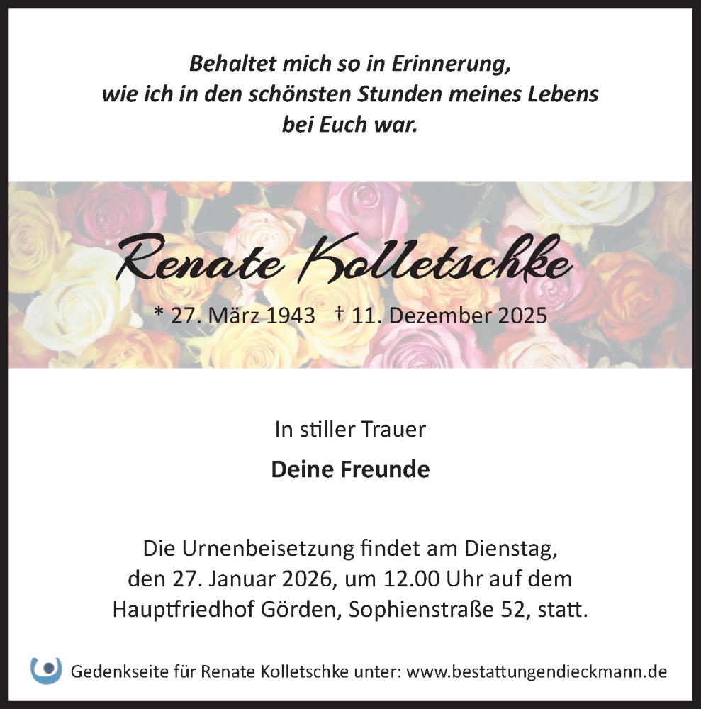  Traueranzeige für Renate Kolletschke vom 24.01.2026 aus Märkische Oderzeitung