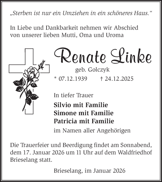 Traueranzeige von Renate Linke von Märkische Oderzeitung