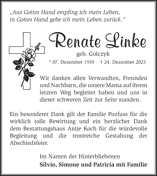 Traueranzeige von Renate Linke von Märkische Oderzeitung