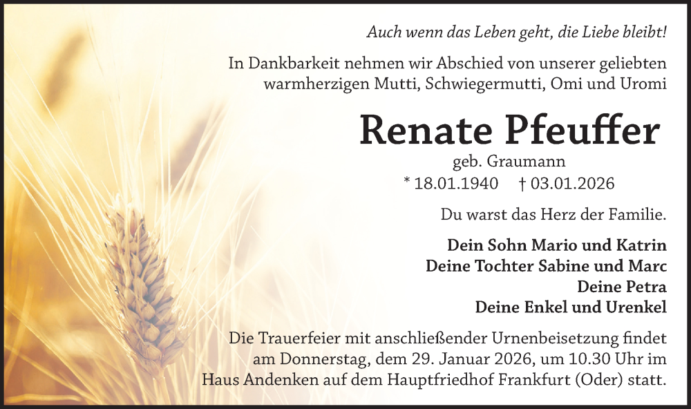  Traueranzeige für Renate Pfeuffer vom 10.01.2026 aus Märkische Oderzeitung