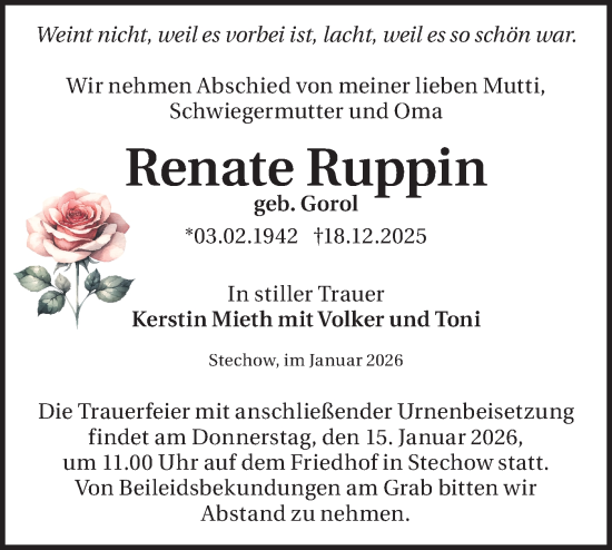 Traueranzeige von Renate Ruppin von Märkische Oderzeitung