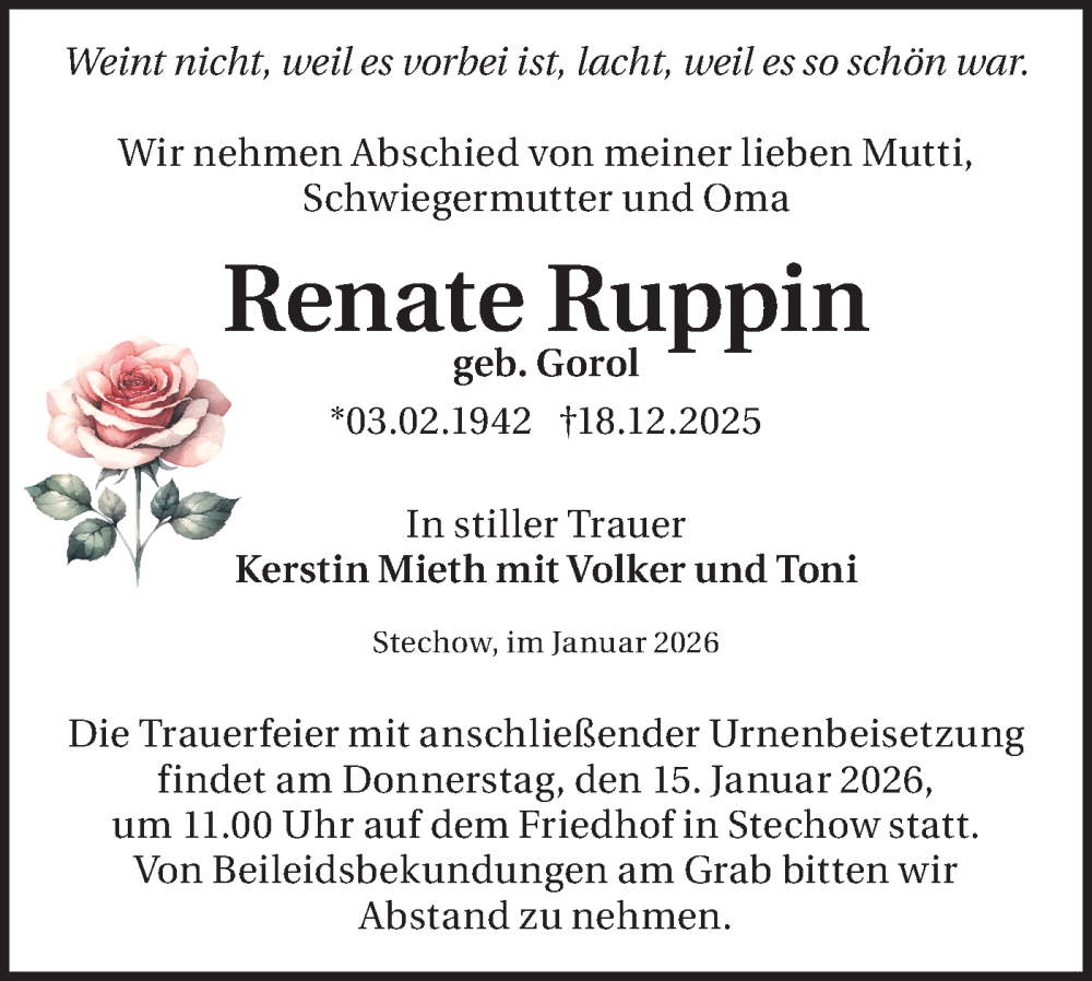  Traueranzeige für Renate Ruppin vom 03.01.2026 aus Märkische Oderzeitung