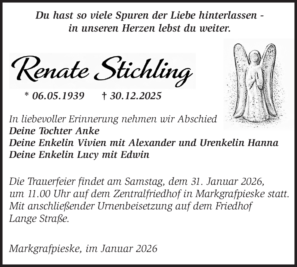  Traueranzeige für Renate Stichling vom 24.01.2026 aus Märkische Oderzeitung