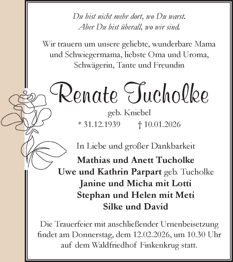  Traueranzeige für Renate Tucholke vom 24.01.2026 aus Märkische Oderzeitung