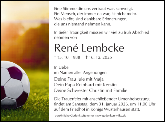 Traueranzeige von René Lembcke von Blickpunkt Königs Wusterhausen