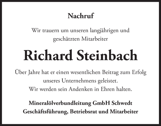 Traueranzeige von Richard Steinbach von Märkische Oderzeitung