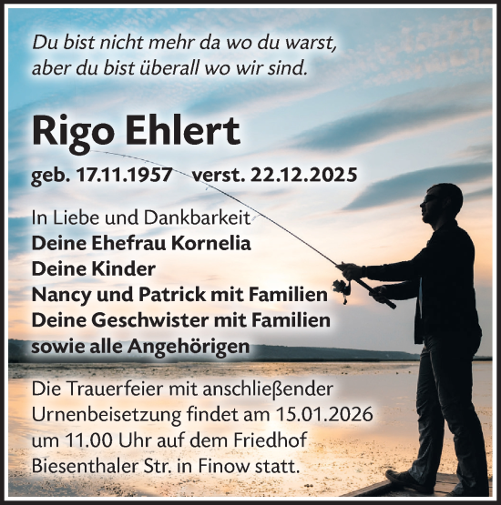 Traueranzeige von Rigo Ehlert von Märkische Oderzeitung