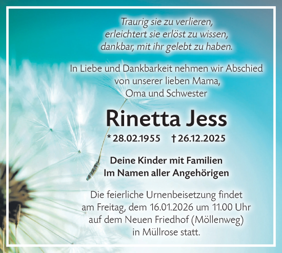 Traueranzeige von Rinetta Jess von Märkische Oderzeitung