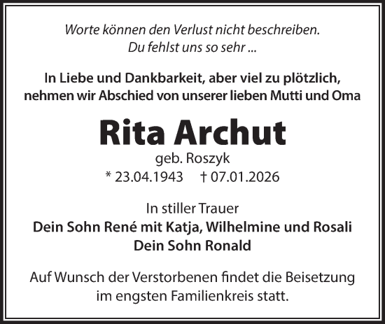 Traueranzeige von Rita Archut von Märkische Oderzeitung