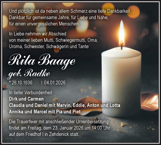 Traueranzeige von Rita Baage von Märkische Oderzeitung