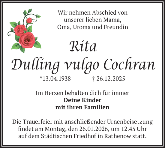Traueranzeige von Rita Dulling vulgo Cochran von Märkische Oderzeitung