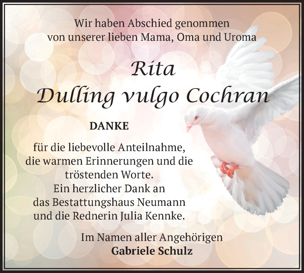  Traueranzeige für Rita Dulling vulgo Cochran vom 31.01.2026 aus Märkische Oderzeitung