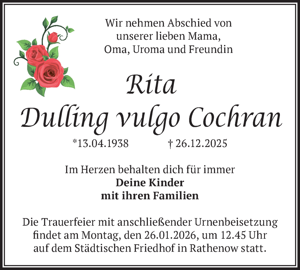  Traueranzeige für Rita Dulling vulgo Cochran vom 10.01.2026 aus Märkische Oderzeitung