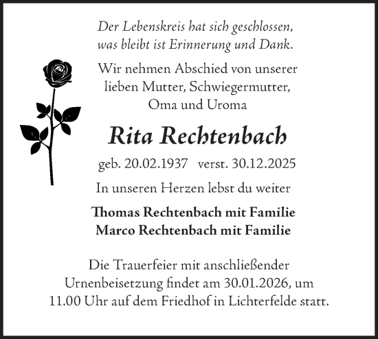 Traueranzeige von Rita Rechtenbach von Märkische Oderzeitung