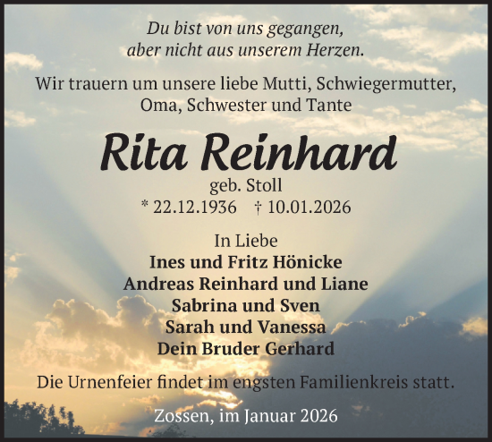 Traueranzeige von Rita Reinhard von Blickpunkt Ludwigsfelde/Zossen