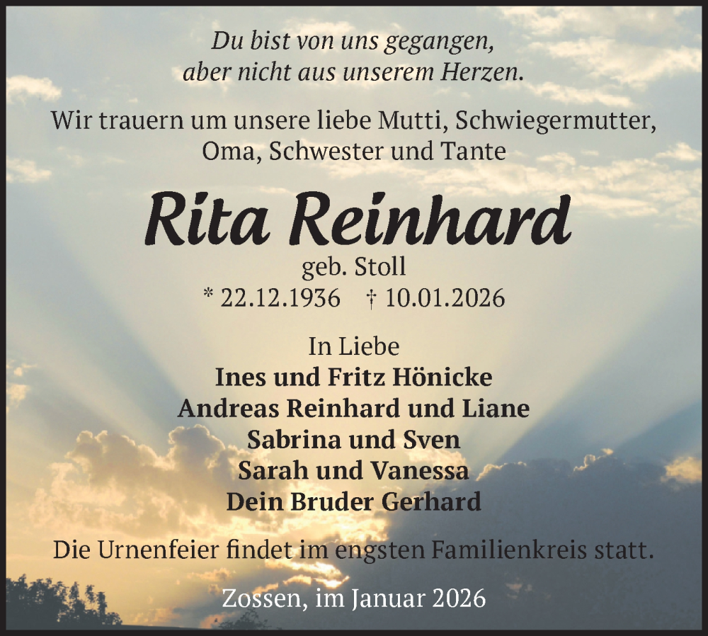  Traueranzeige für Rita Reinhard vom 24.01.2026 aus Blickpunkt Ludwigsfelde/Zossen