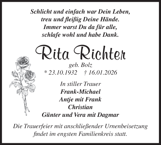 Traueranzeige von Rita Richter von Blickpunkt Jüterbog/Luckenwalde