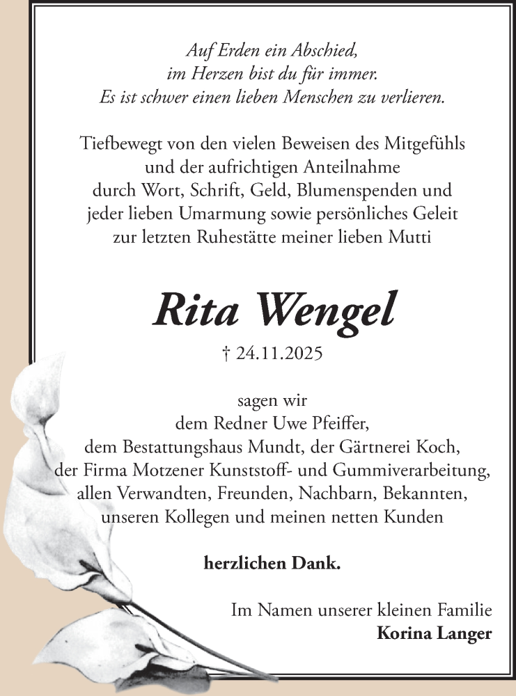  Traueranzeige für Rita Wengel vom 24.01.2026 aus Blickpunkt Königs Wusterhausen