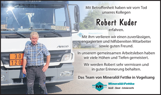 Traueranzeige von Robert Kuder von Märkische Oderzeitung