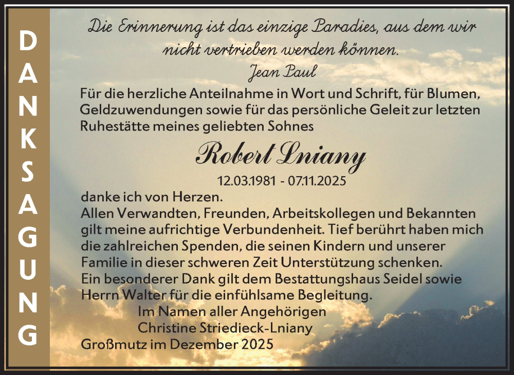  Traueranzeige für Robert Lniany vom 03.01.2026 aus Märkische Oderzeitung