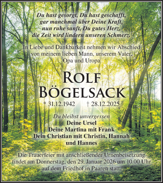 Traueranzeige von Rolf Bögelsack von Märkische Oderzeitung