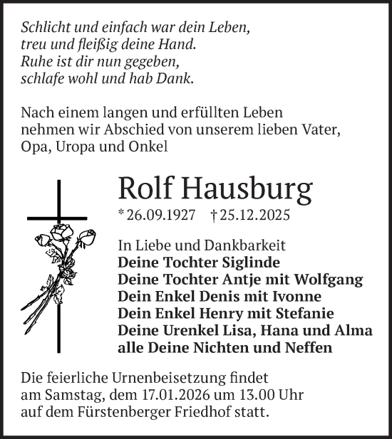 Traueranzeige von Rolf Hausburg von Märkische Oderzeitung