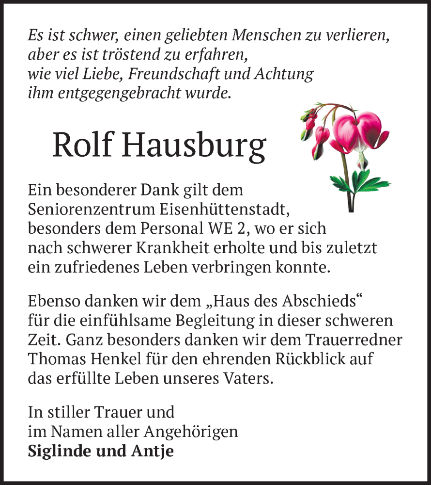  Traueranzeige für Rolf Hausburg vom 31.01.2026 aus Märkische Oderzeitung