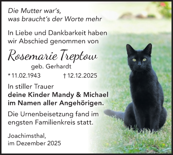 Traueranzeige von Rosemarie Treptow von Märkische Oderzeitung