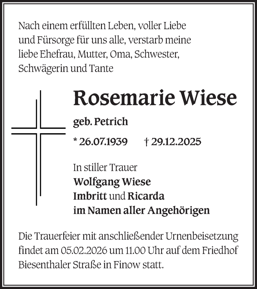  Traueranzeige für Rosemarie Wiese vom 17.01.2026 aus Märkische Oderzeitung