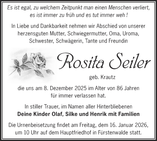 Traueranzeige von Rosita Seiler von Märkische Oderzeitung