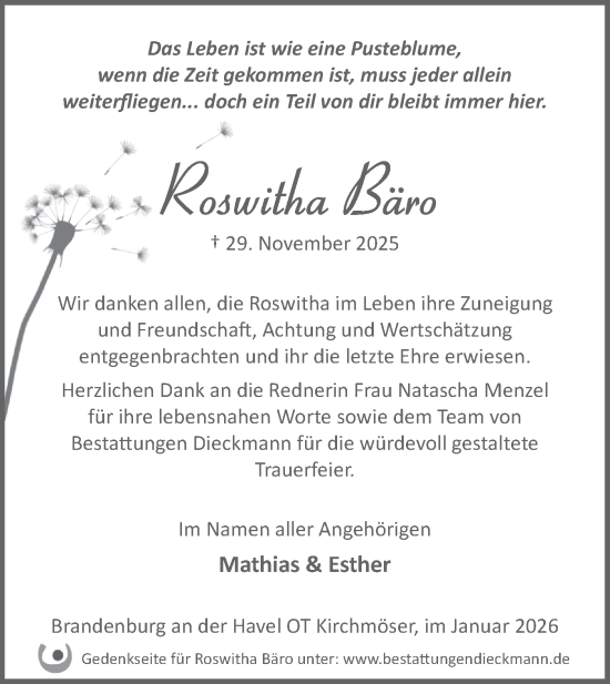 Traueranzeige von Roswitha Bäro von Märkische Oderzeitung