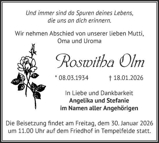 Traueranzeige von Roswitha Olm von Märkische Oderzeitung