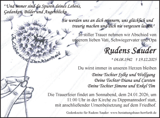 Traueranzeige von Rudens Sauder von Märkische Oderzeitung