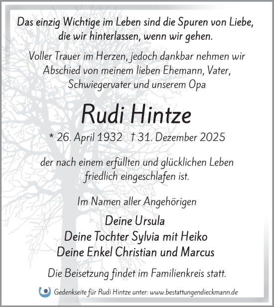 Traueranzeige von Rudi Hintze von Märkische Oderzeitung