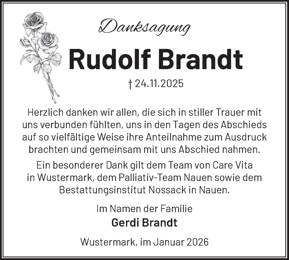  Traueranzeige für Rudolf Brandt vom 03.01.2026 aus Märkische Oderzeitung