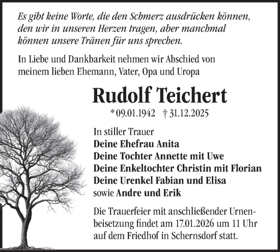 Traueranzeige von Rudolf Teichert von Märkische Oderzeitung