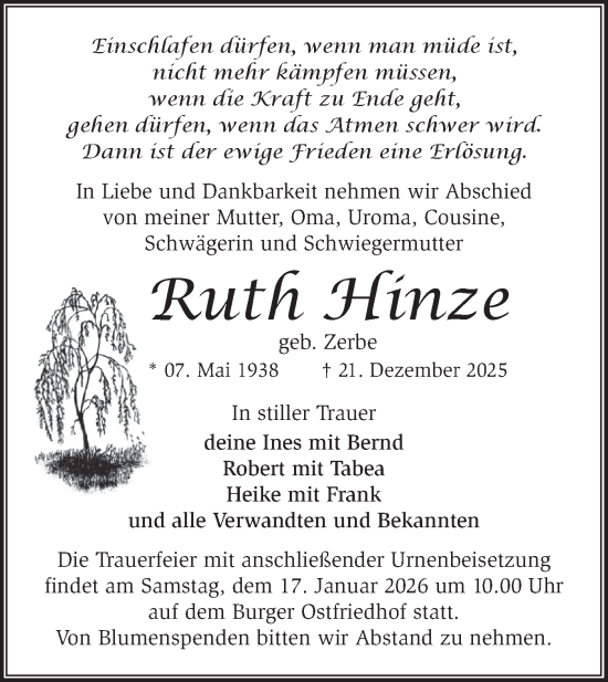Traueranzeige von Ruth Hinze von Märkische Oderzeitung