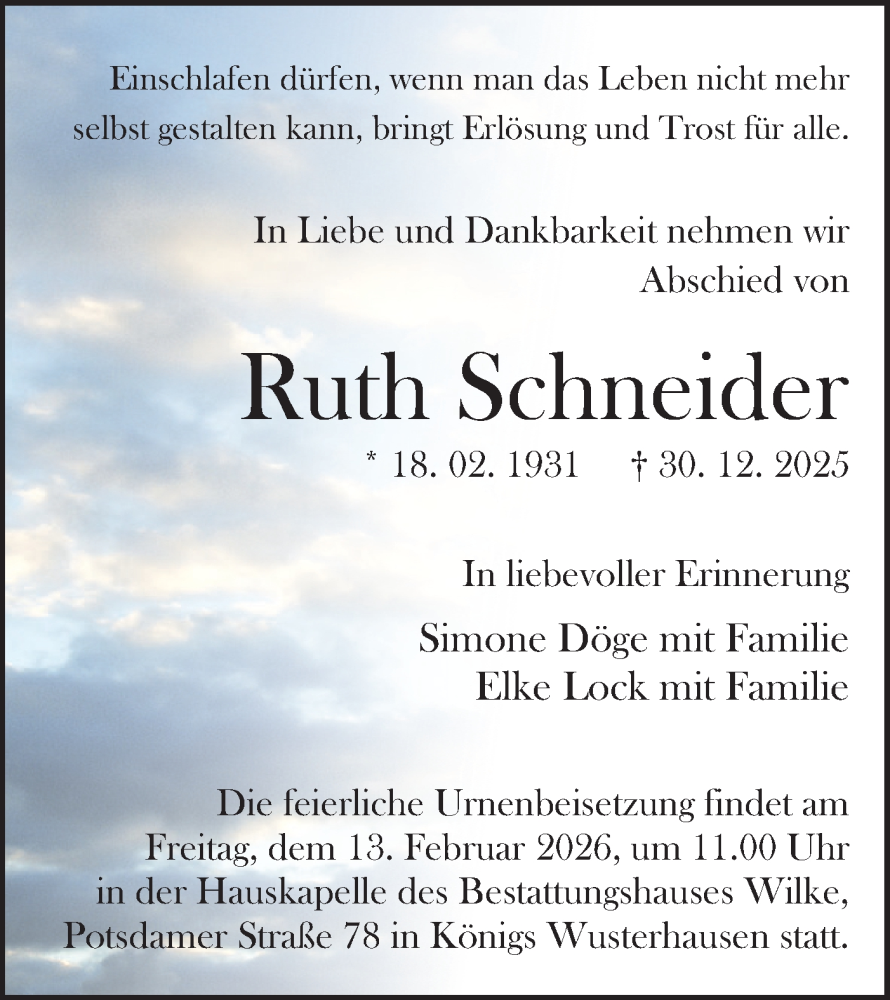  Traueranzeige für Ruth Schneider vom 17.01.2026 aus Blickpunkt Königs Wusterhausen