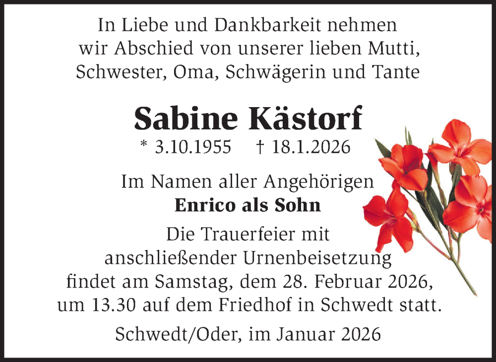  Traueranzeige für Sabine Kästorf vom 24.01.2026 aus MO Uckerm.-Anz.