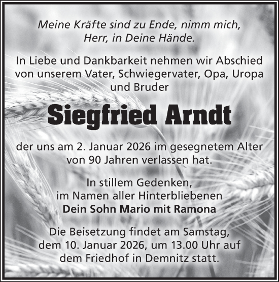 Traueranzeige von Siegfried Arndt von Märkische Oderzeitung