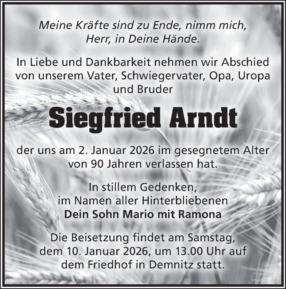  Traueranzeige für Siegfried Arndt vom 08.01.2026 aus Märkische Oderzeitung