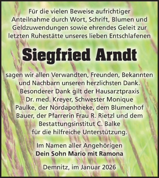 Traueranzeige von Siegfried Arndt von Märkische Oderzeitung