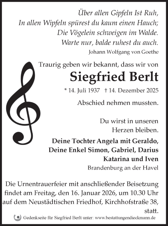 Traueranzeige von Siegfried Berlt von Märkische Oderzeitung