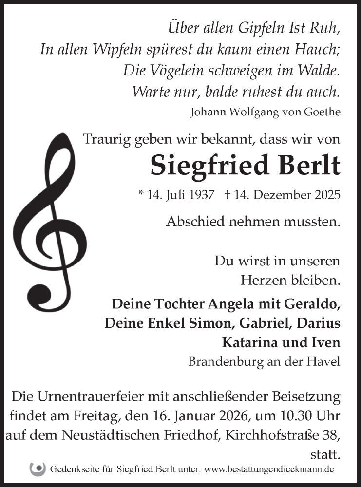  Traueranzeige für Siegfried Berlt vom 10.01.2026 aus Märkische Oderzeitung